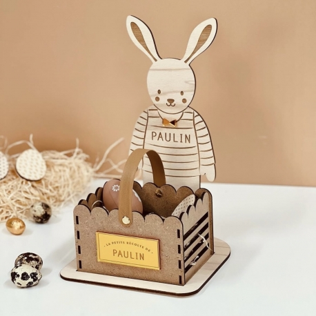 Kit chasse aux oeufs lapin en bois avec panier personnalisés