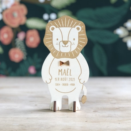 Faire-part de naissance en bois lion thème savane