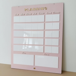 Planning mensuel mural et effaçable, modèle rose poudré plexiglas et bois