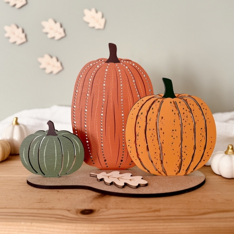Décoration automnale trio de citrouilles bois peint