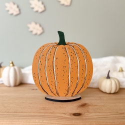 Décoration citrouille en bois sur socle, décoration automne