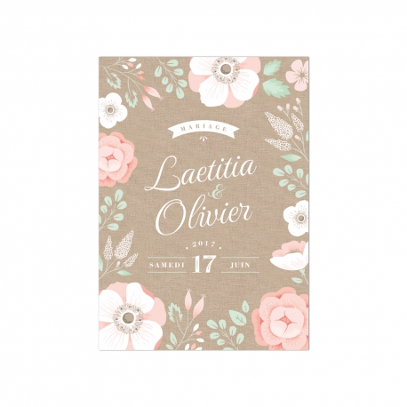 Faire part mariage fleuri fond lin anémone champêtre