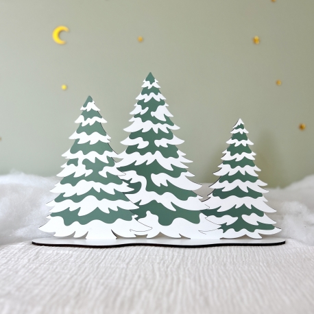 Les sapins enneigés, décor Mini monde de Noël en bois