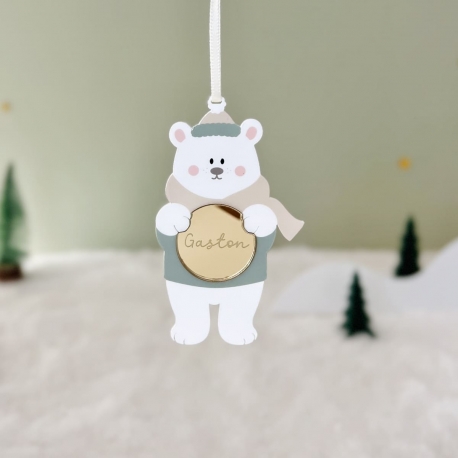 Boule de Noël personnalisée, ourson en hiver