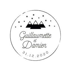 Tampon mariage personnalisé rond montagnes enneigées et flocons