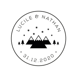 Tampon mariage personnalisé prénoms et date, motif montagnes et sapins