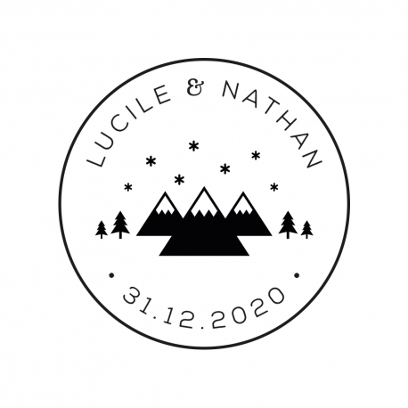 Tampon mariage personnalisé prénoms et date, motif montagnes et sapins