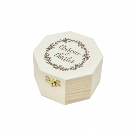 Boite à alliances octogonale en bois, logo de mariés champêtre gravé